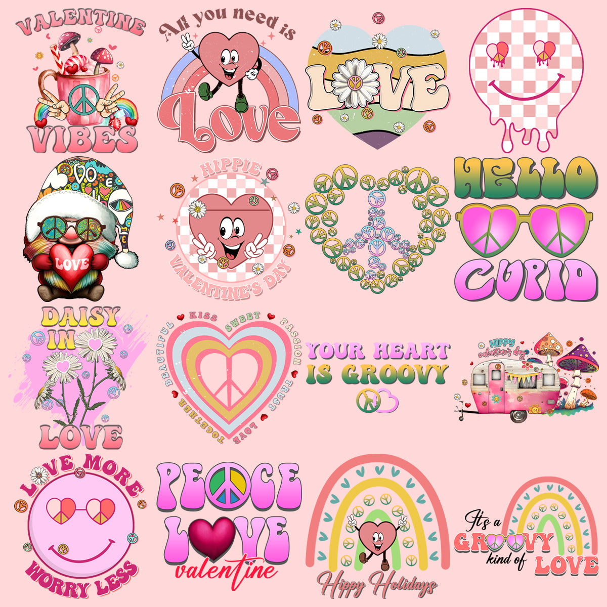 60s Hippie Valentine's Day PNG Bundle: 19 Retro Designs