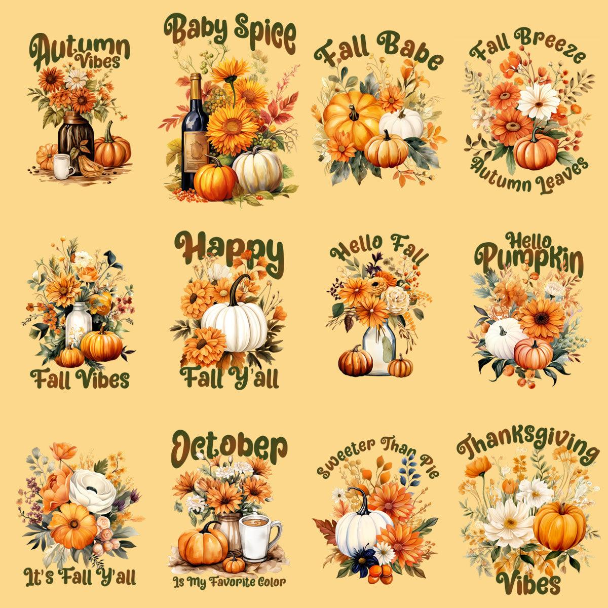 Fall Pumpkin Floral PNG Bundle: 11 Designs for Autumn Crafts