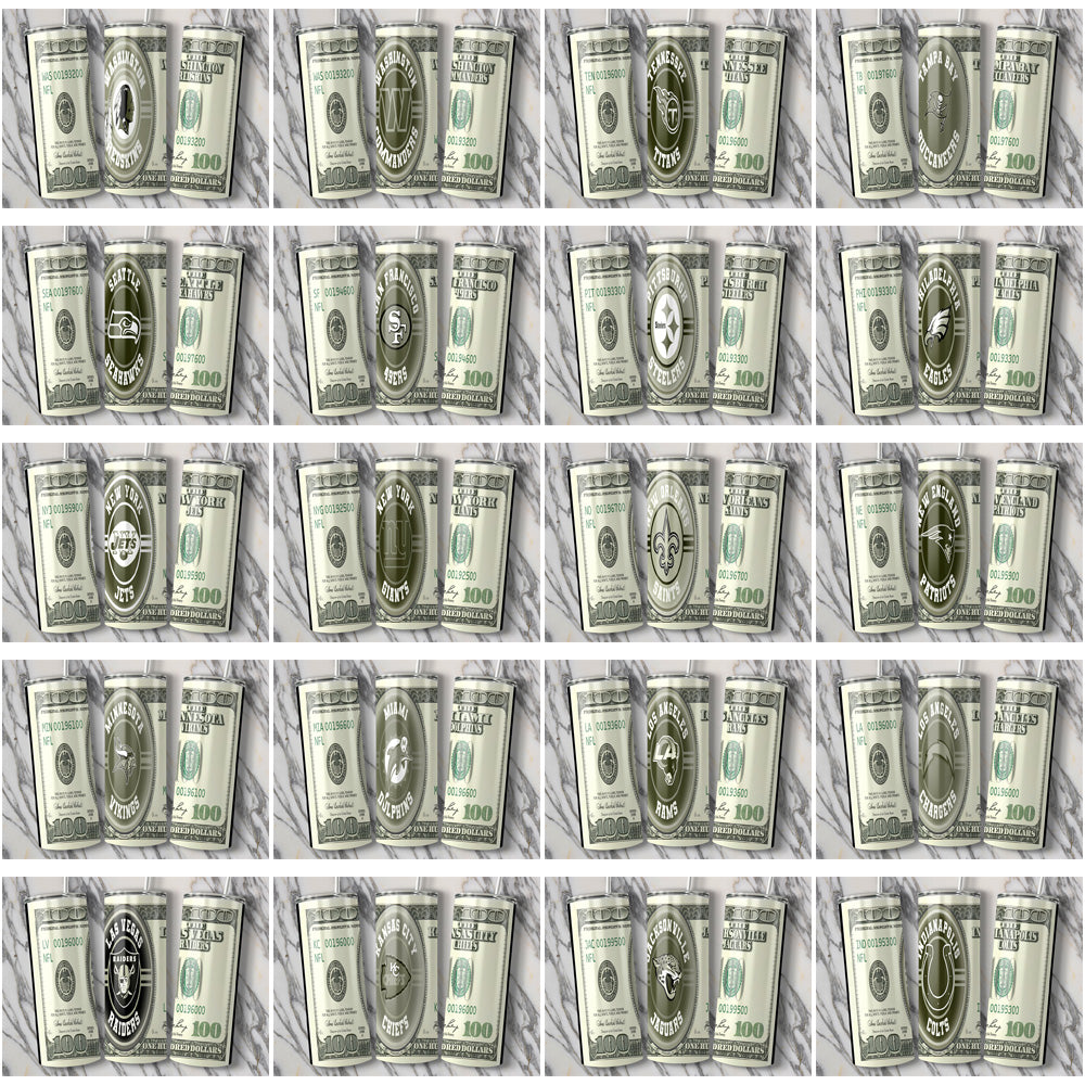 NFL Football Team Tumbler Wraps Bundle (34 Teams, $100 Bill Design) - JPG

