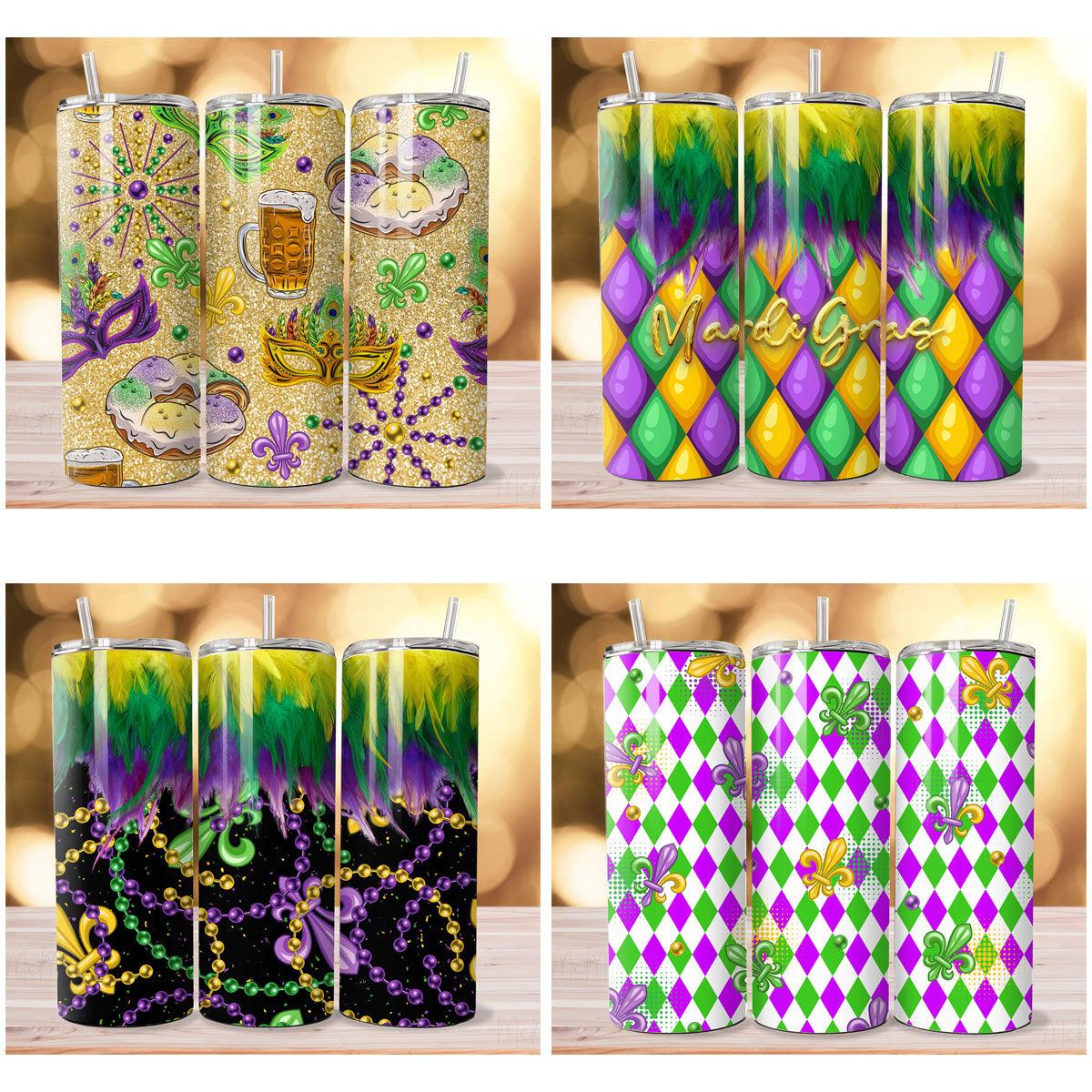 Mardi Gras Tumbler Wrap Designs Bundle: 4 Colorful JPGs
