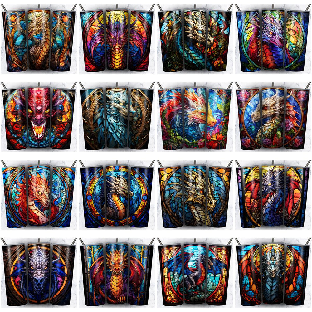 38 Dragon Stained Glass Tumbler Wrap Designs: JPG Bundle for Sublimation
