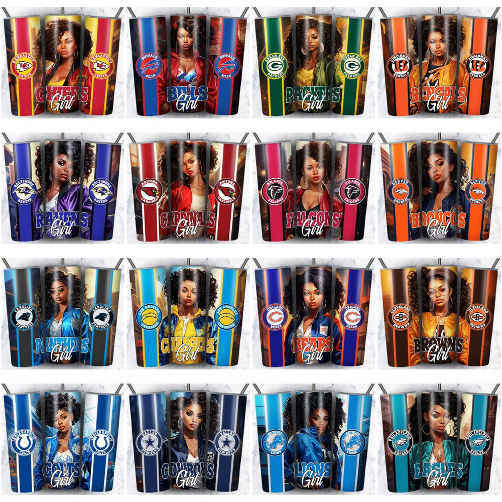 32 Black Girl Football Tumbler Wrap Designs: JPG Bundle for Sublimation
