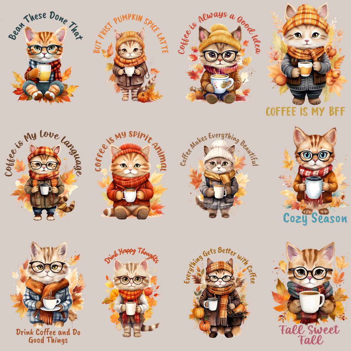 Retro Fall Cat Coffee PNG Bundle: 23 Vintage Designs