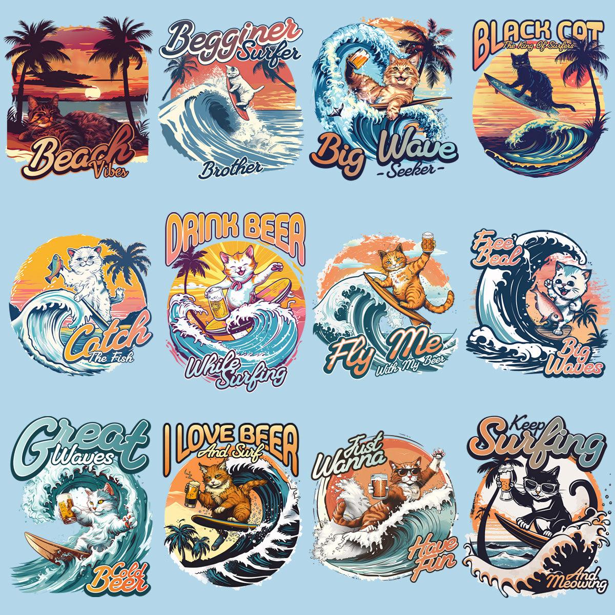 Summer Surfing Cat PNG Bundle: 19 Adorable Designs