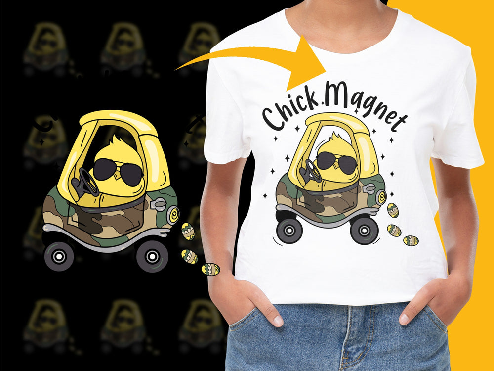 Chick Magnet Funny Cartoon Car Graphic T-Shirt, Cool Summer Style Tee for Men