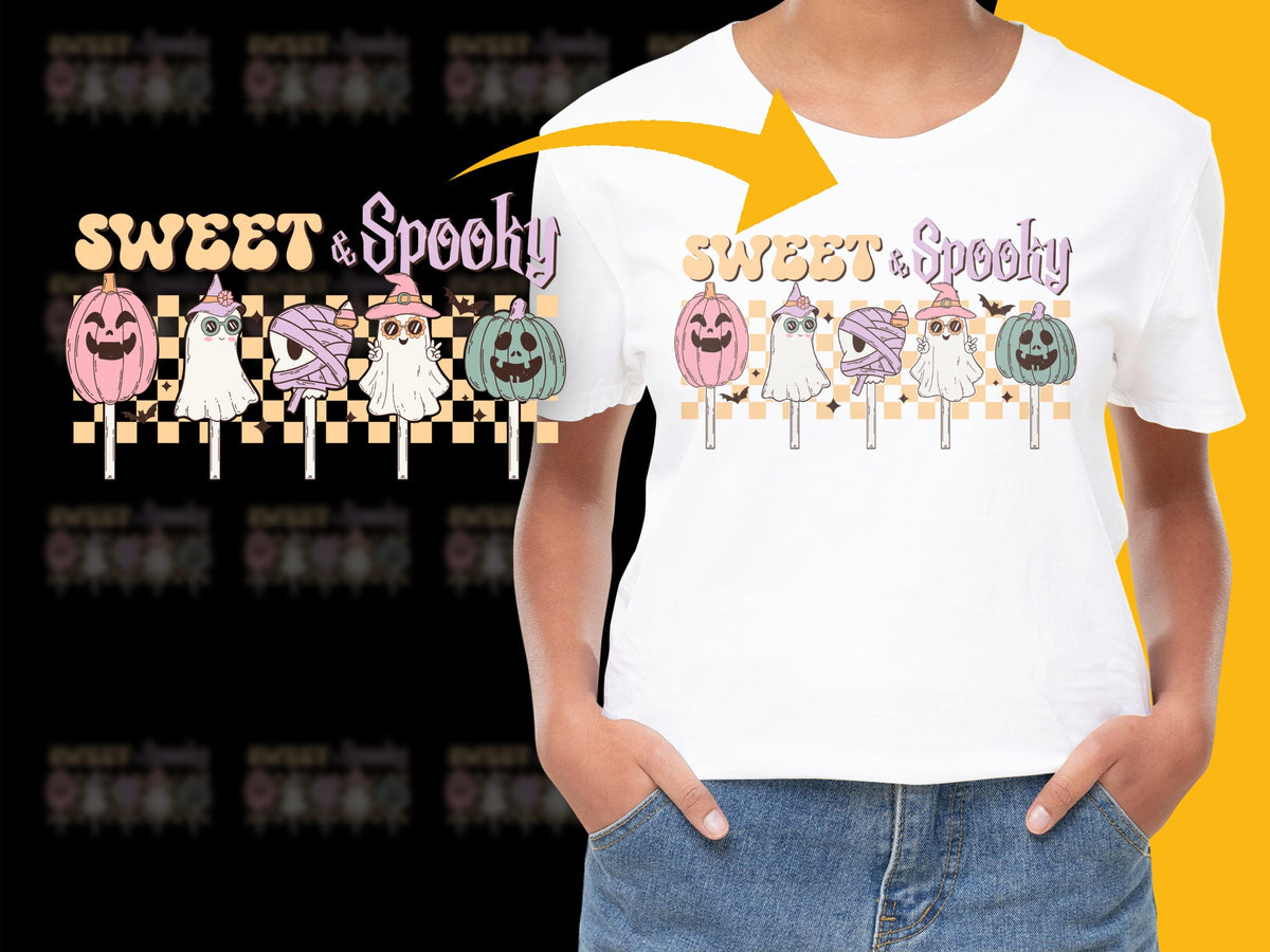 Women's Halloween T-Shirt Sweet and Spooky Pumpkin Witch Ghost Graphic Tee