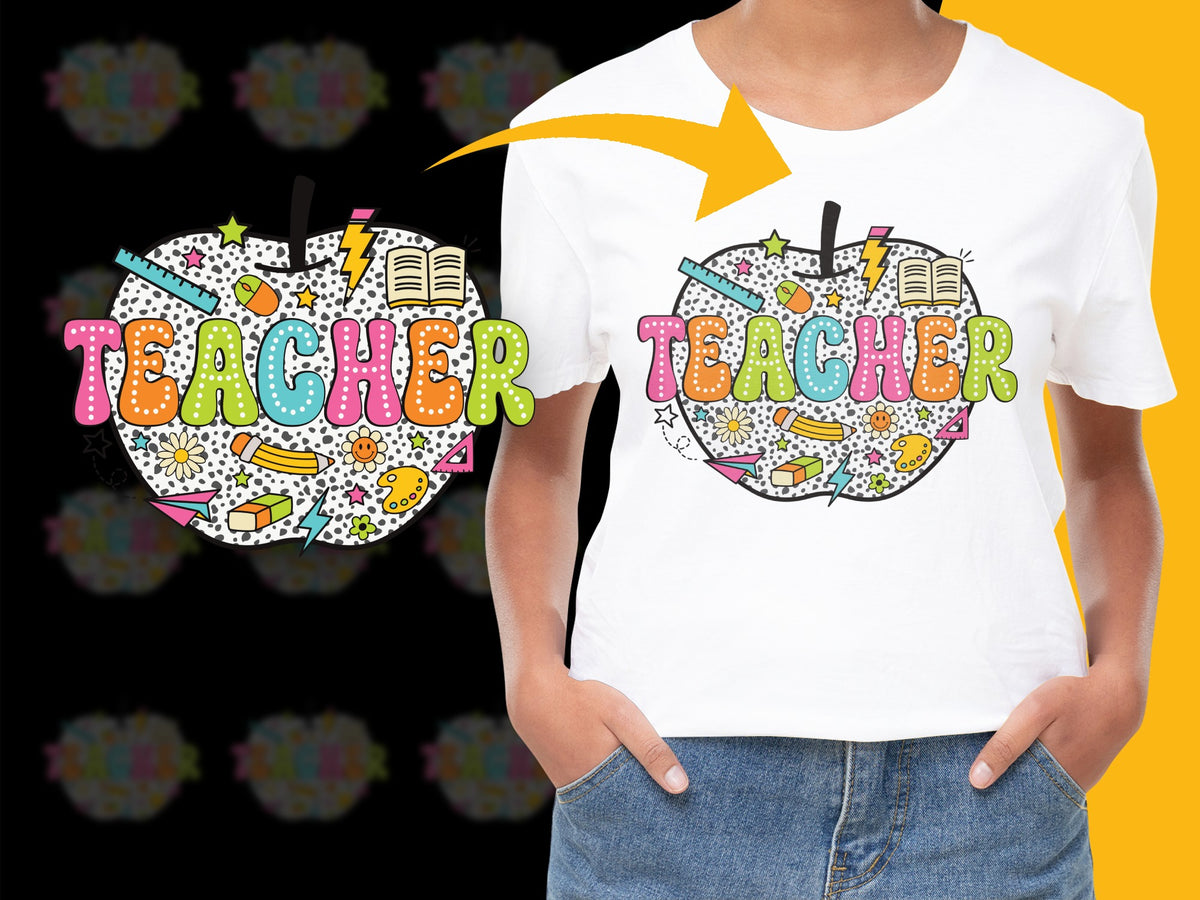 Colorful Teacher T-Shirt, Fun Graphic School Supplies Design, Unisex Casual Style Tee for Educators, Unique Teacher Appreciation Gift