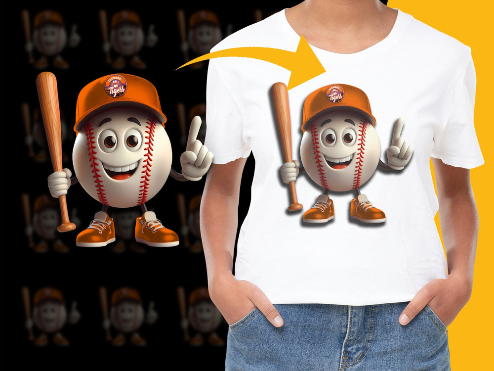 White T-Shirt with Cartoon Baseball Character, Kids Sports Graphic Tee, Casual Summer Outfit