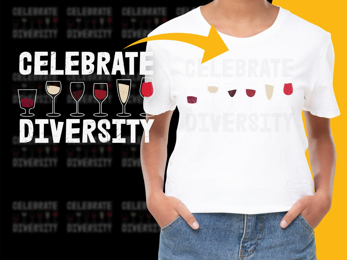 Celebrate Diversity T-Shirt, Colorful Wine Glasses Graphic, Unisex White Tee, Casual Fashion, Summer Top, Trendy Apparel