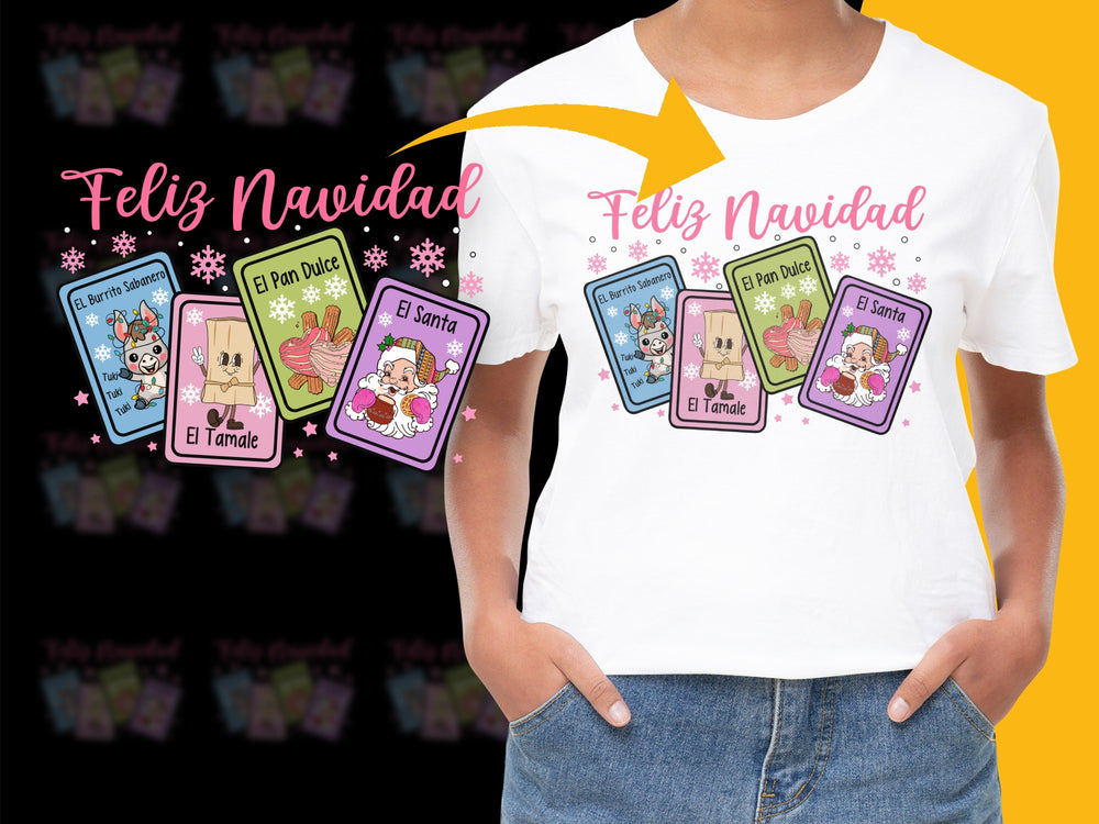 Feliz Navidad Themed T-Shirt, Colorful Holiday Graphic Tees, Festive Christmas Design, Family Matching Outfits