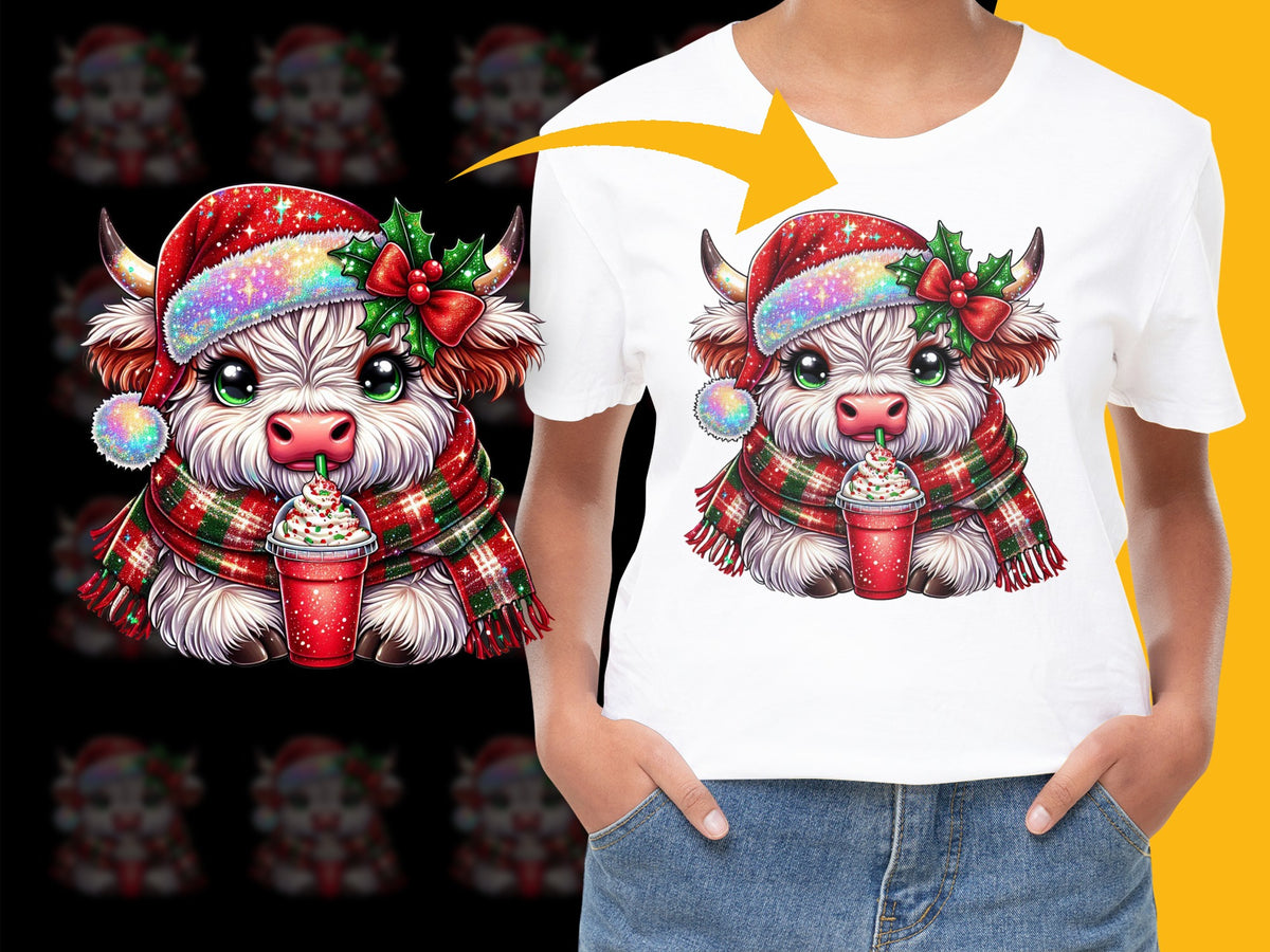 Kids Christmas T-Shirt with Cute Highland Cow Graphic, Festive Holiday Tee, Winter Apparel for Children, Soft Cotton Shirt