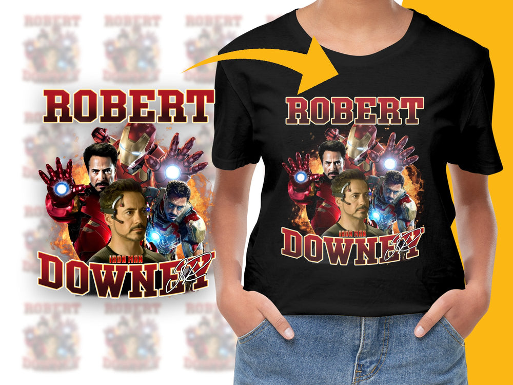 Robert Downey Jr Inspired T-Shirt, Iron Man Movie Collage, Superhero Graphic Tee, Fan Merchandise, Unique Gift Idea