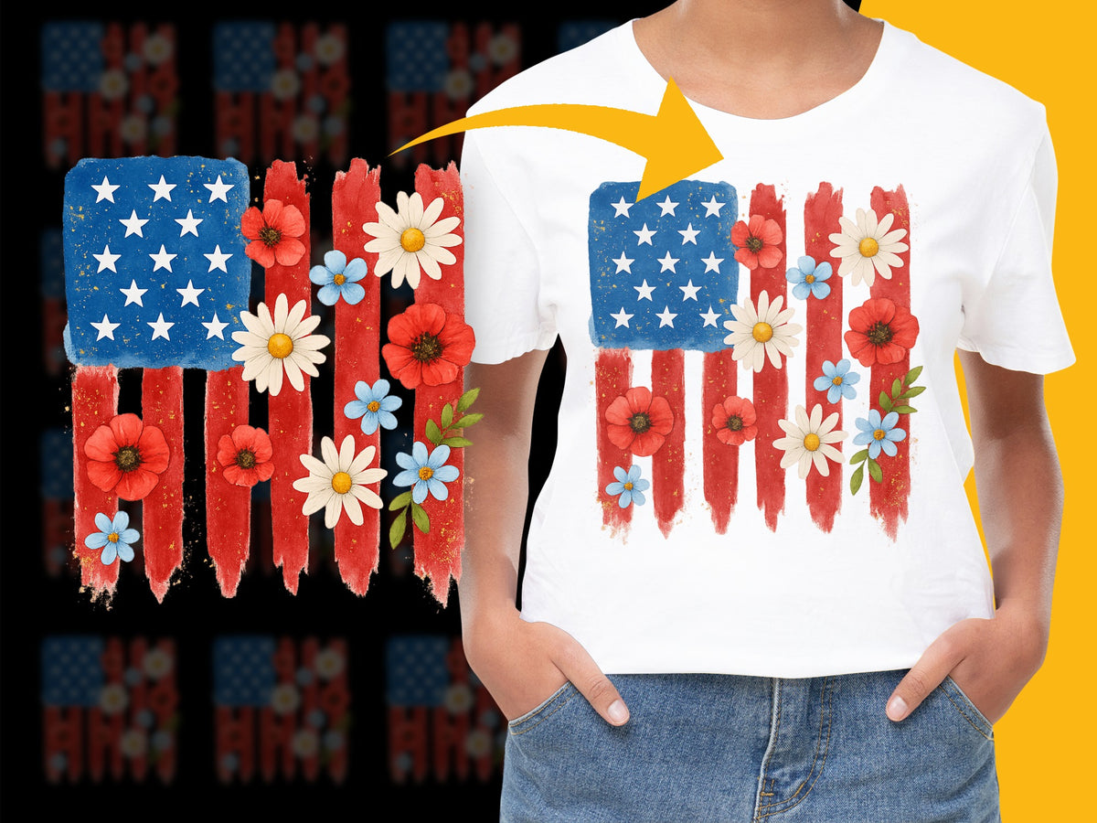 Patriotic American Flag Floral T-Shirt, Red White Blue Flowers, Independence Day Apparel, Summer Fashion Top for Women and Men