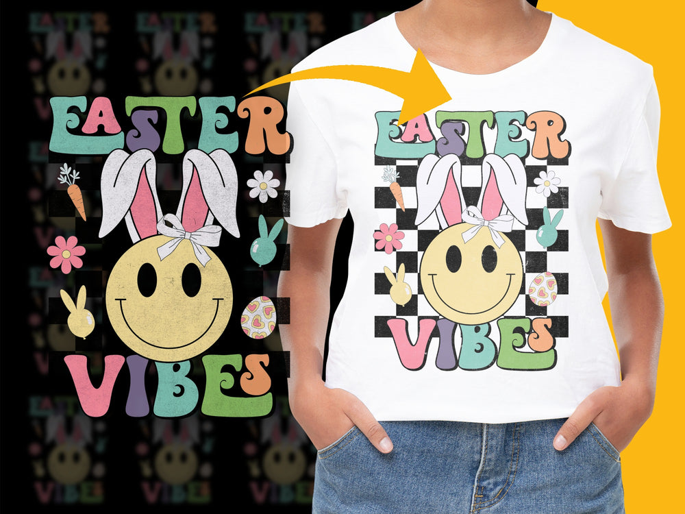 Easter Vibes T-Shirt with Smiley Face and Bunny Ears, Colorful Spring Flowers, Kids and Adult Sizes Available