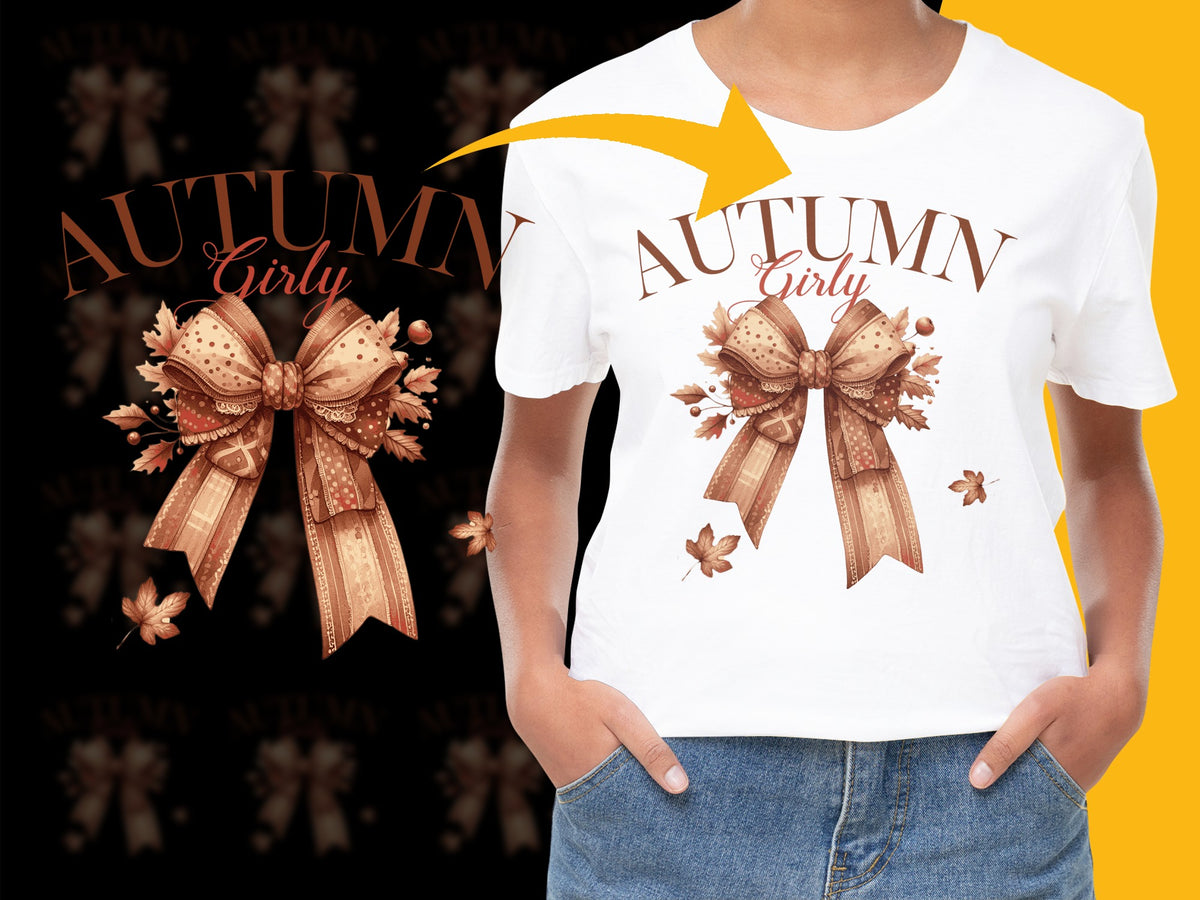 Autumn Girly T-Shirt with Bow and Leaves Graphic, Fall Season Casual Wear, Women's Fashion Tee