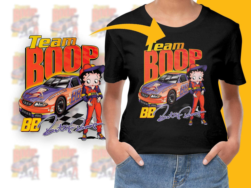Team Boop Racing Graphic T-Shirt, Colorful Cartoon Race Cars and Driver Design, Kids and Adult Sizes