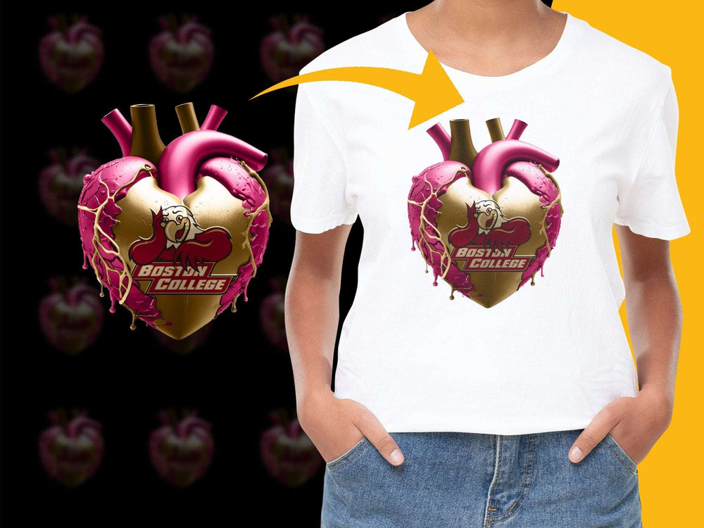 Boston College Heart Graphic T-Shirt, Unisex College Apparel, Bold Pink and Gold Design Tee