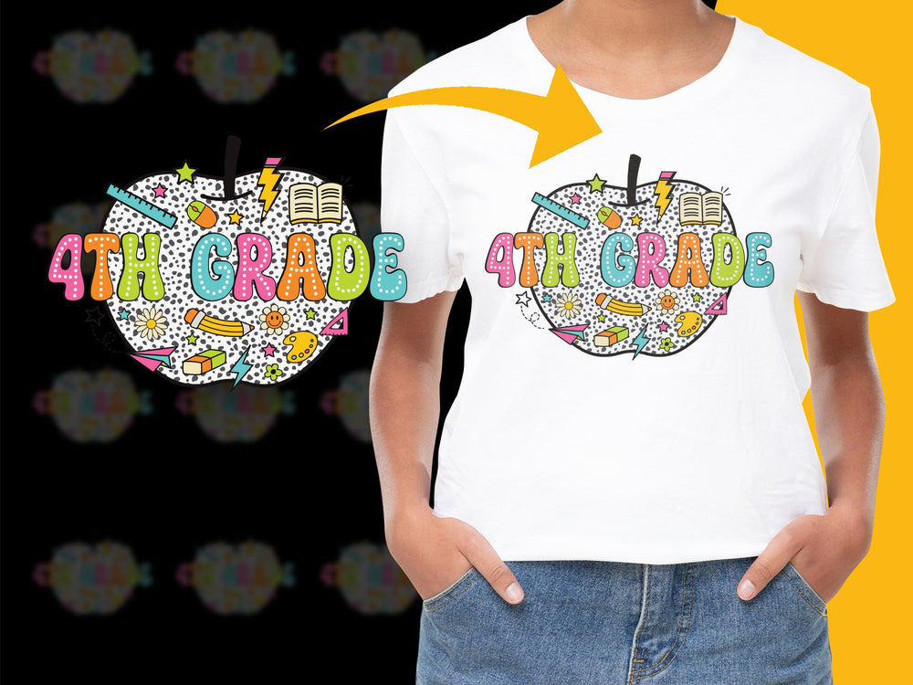 Colorful 4th Grade T-Shirt, Fun School Supplies Design, Kids' Fashion, Unique Graphic Tee for Children, Back to School Outfit