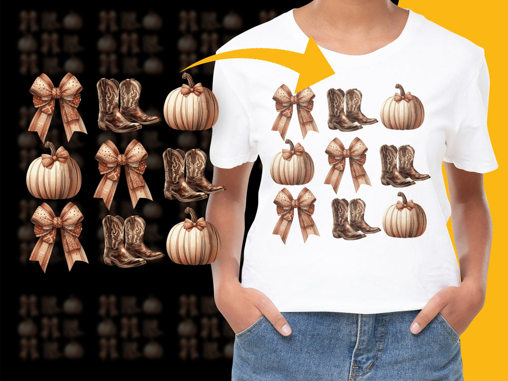 Fall Season Themed T-Shirt with Pumpkins and Cowboy Boots Print, Autumn Fashion Apparel for All Ages