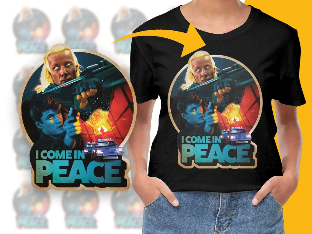 Vintage Sci-Fi T-Shirt, Retro Alien Movie Graphic Tee, Unisex Black Cotton Shirt, I Come In Peace Design