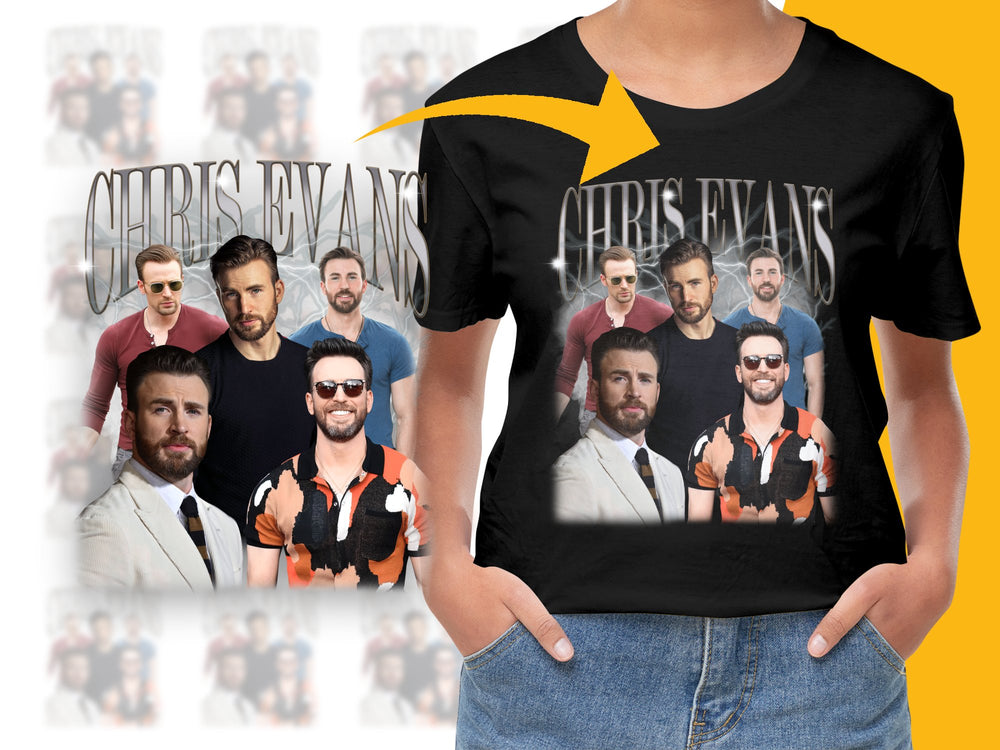 Chris Evans Photo Collage T-Shirt, Actor Fan Tee, Multiple Poses, Casual Black Top