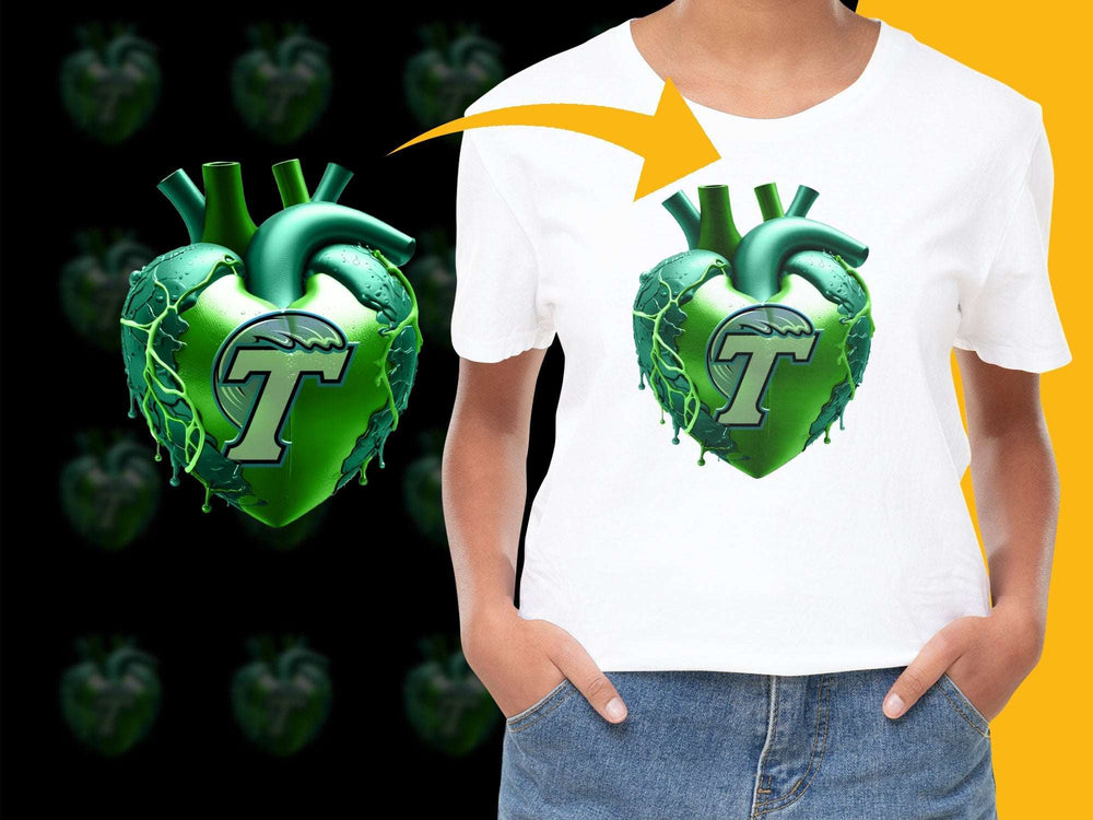 Graphic T-shirt with Green Heart Design, Eco-themed Shirt for Teens, Unique Environmental Love Tees