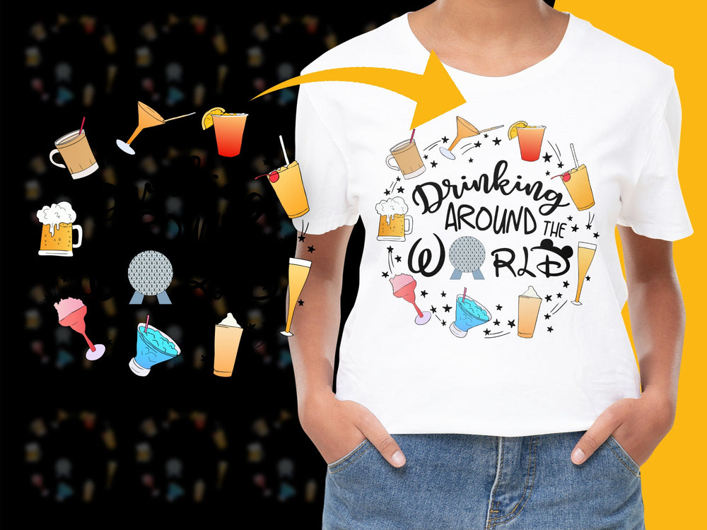 Women's White T-Shirt Drinking Around The World Graphic Tee Travel Theme Party Shirt