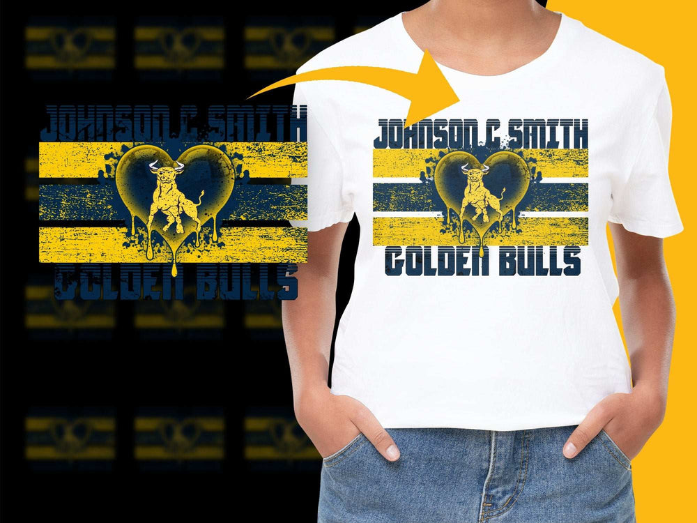 Johnson C. Smith Golden Bulls T-Shirt, Vintage Style Sports Graphic Tee, Yellow and Black Striped, College Apparel