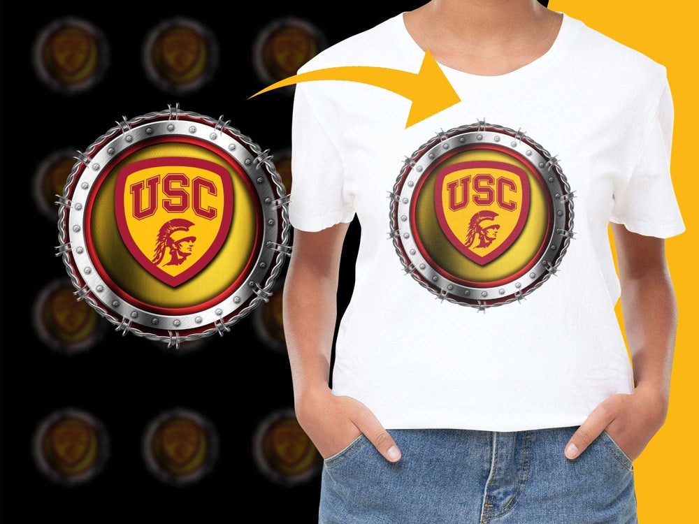 USC Trojan Logo T-Shirt, Vintage College Emblem, Fan Gear, Sports Apparel, Red and Yellow Graphic Tee