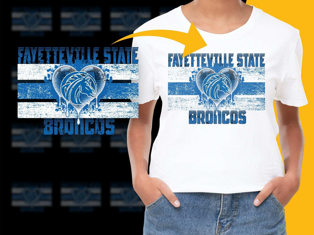 Fayetteville State Broncos Graphic T-Shirt, Blue and White Distressed Print, Casual Sports Tee