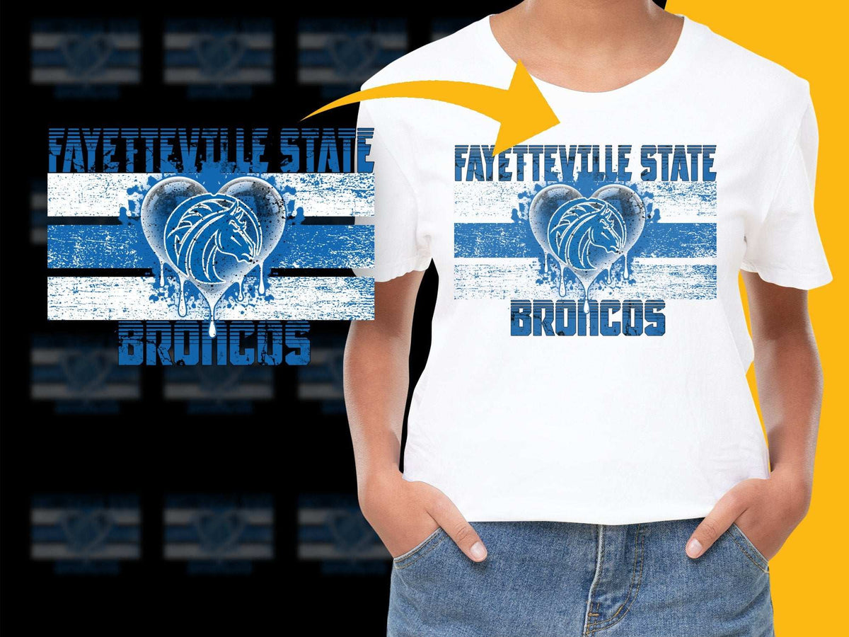 Fayetteville State Broncos Graphic T-Shirt, Blue and White Distressed Print, Casual Sports Tee