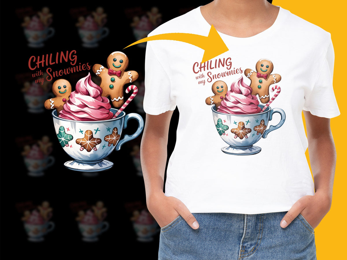 Chilling with My Gnomies Tee, Cute Gingerbread Snow Mug Graphic, Winter Holiday Casual Shirt, Fun Christmas Gift Idea