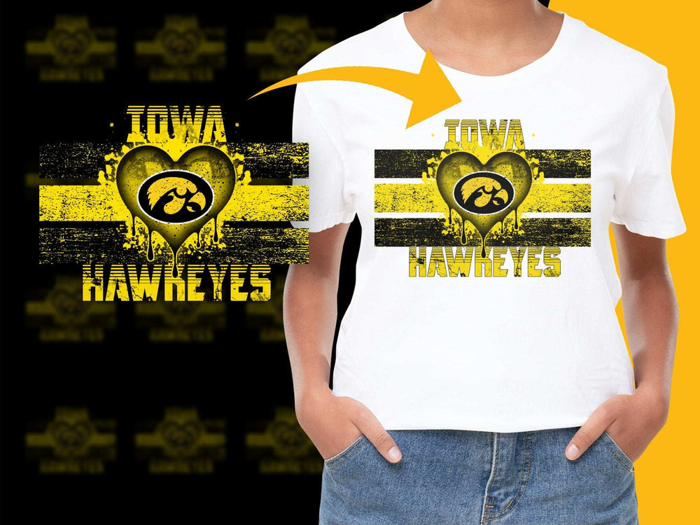 Iowa Hawkeyes T-Shirt, Yellow Black Distressed Heart Design, College Football Fan Apparel