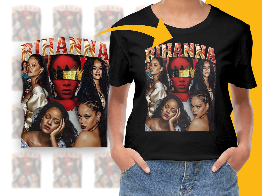 Rihanna Graphic T-Shirt, Pop Icon Music Star Photo Collage, Fashion Statement Tee, Unique Celebrity Apparel