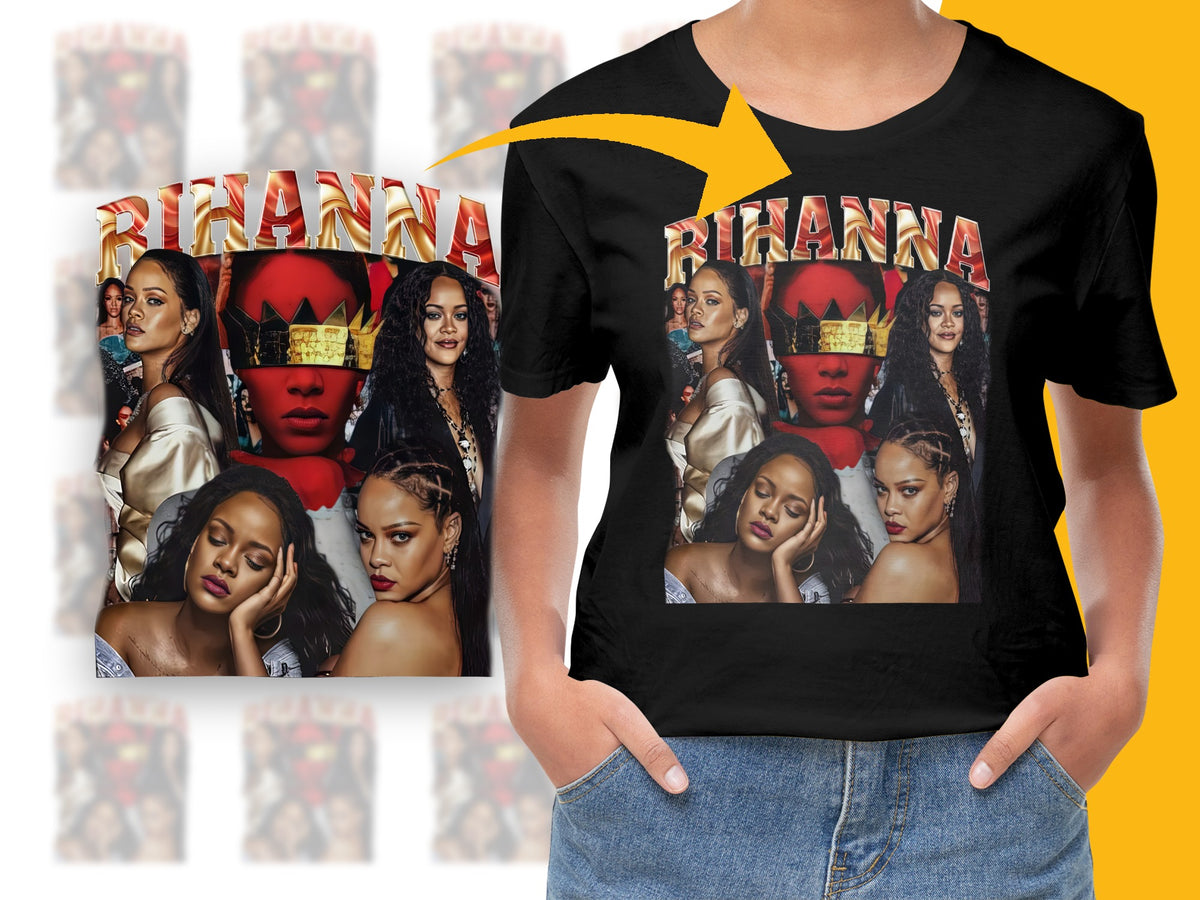 Rihanna Graphic T-Shirt, Pop Icon Music Star Photo Collage, Fashion Statement Tee, Unique Celebrity Apparel
