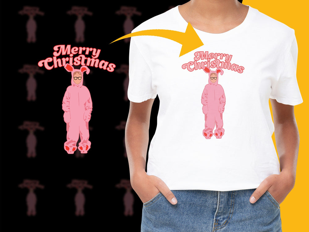 Festive Merry Christmas T-Shirt, Pink Bunny Suit, Holiday Casual Wear, Unisex Gift Idea