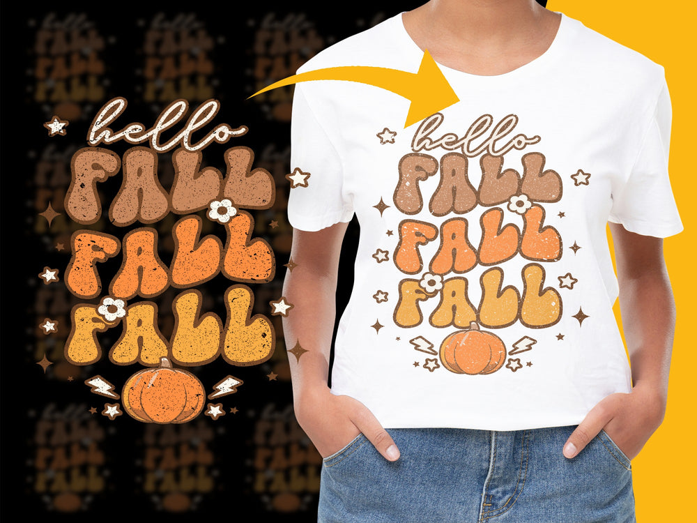 Hello Fall T-Shirt, Autumn Season Pumpkin Graphic Tee, Orange and Brown Colors, Casual Fall Fashion for All Ages