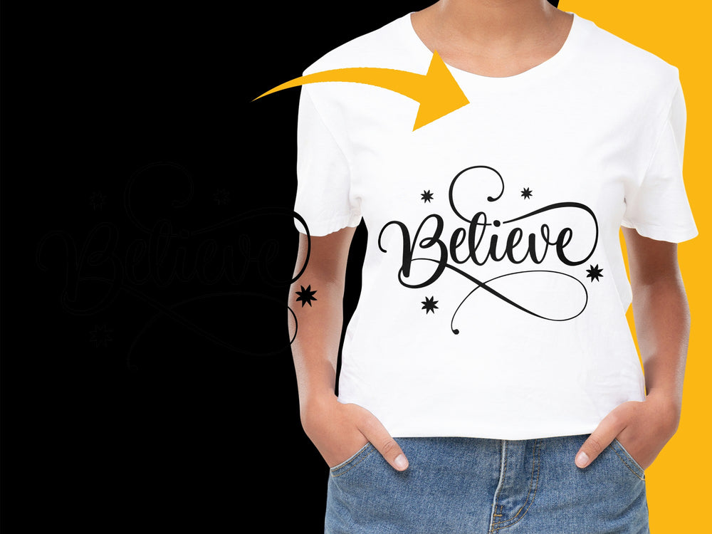 Believe Inspirational Quote T-Shirt, Women's White Graphic Tee with Motivational Message, Star Design