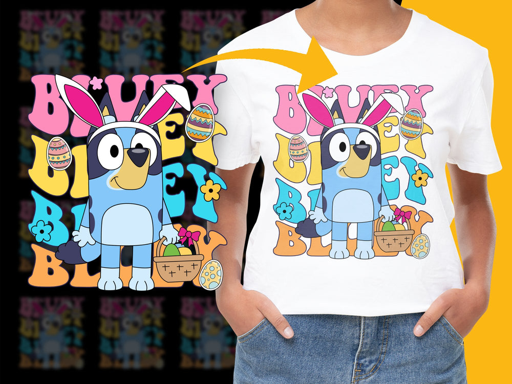 Cute Bunny Cartoon Easter T-Shirt, Colorful Eggs, Spring Festival Apparel for Kids and Adults