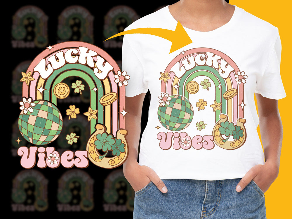Lucky Vibes T-Shirt, Vintage Style Graphic Tee, Retro Rainbow and Clover Design, Unisex Casual Wear