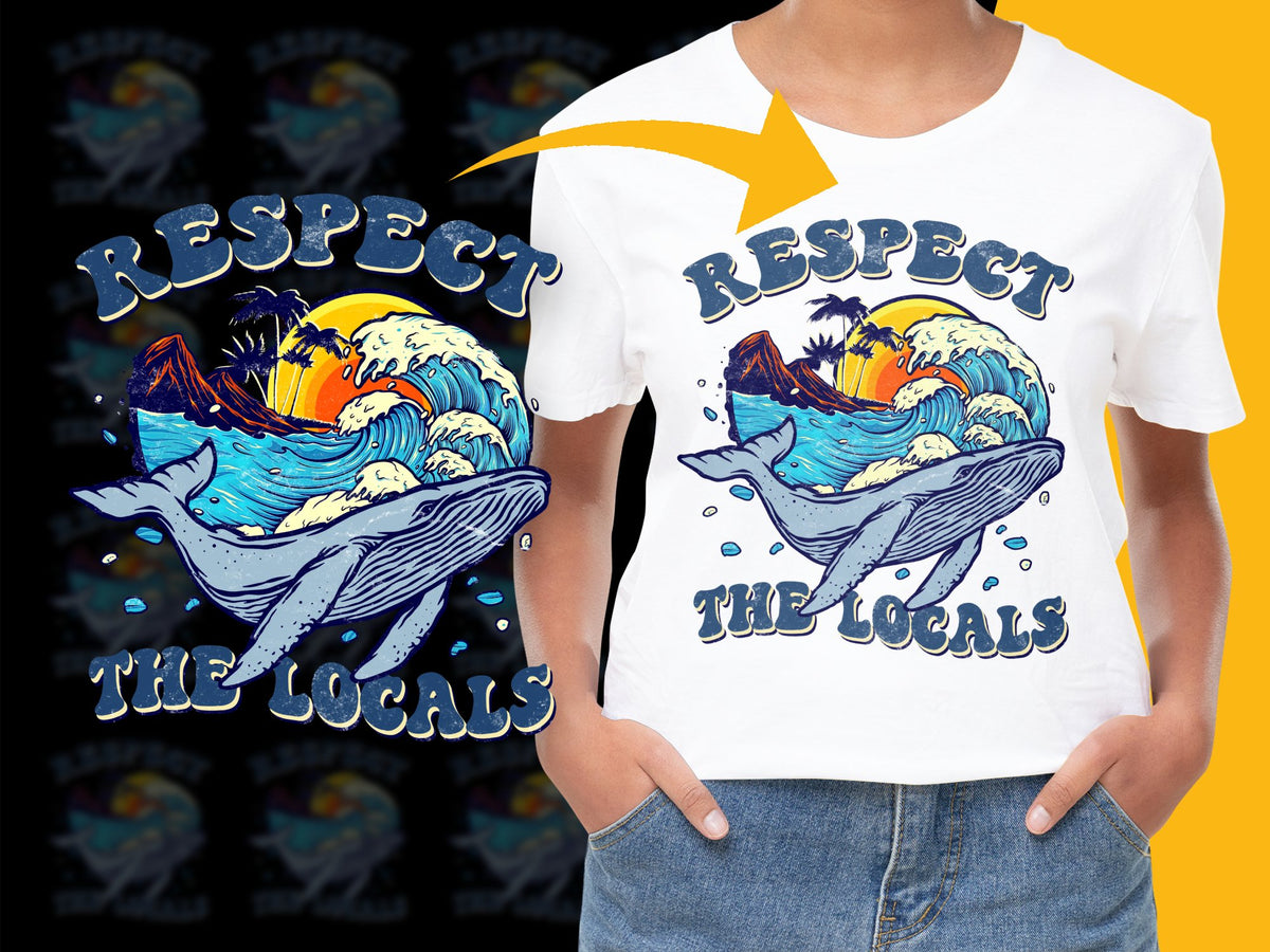 Respect the Locals T-Shirt, Ocean Wave Surfer Graphic Tee, Unisex Beach Style Clothing, Colorful Summer Top, Vibrant Casual Wear