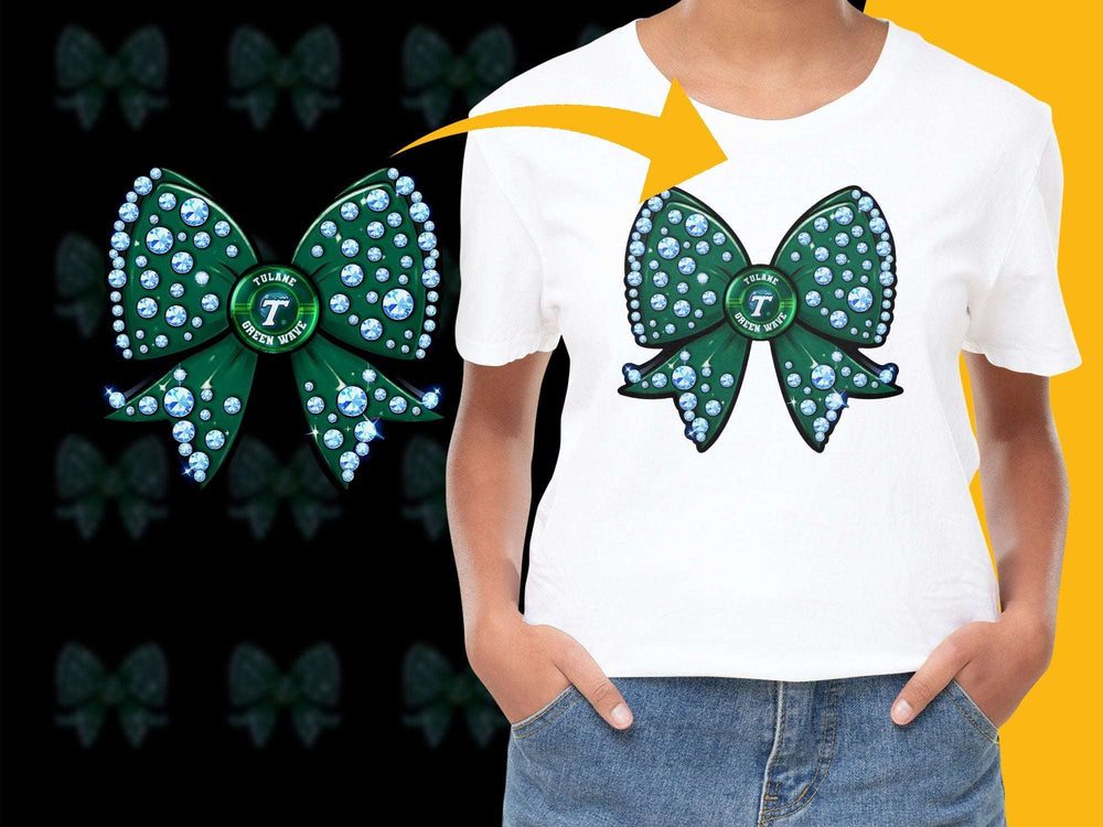 Women's White T-Shirt with Green Cheer Bow Graphic, Sparkly Rhinestone Design, Casual Fashion Tee