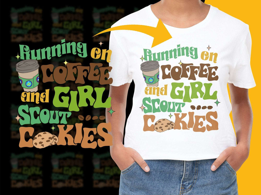 Funny Coffee and Cookies T-Shirt, Running on Coffee and Girl Scout Cookies Tee, Graphic Shirt for Women and Men