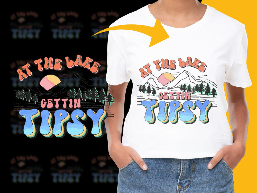 At The Lake Gettin' Tipsy T-Shirt, Unisex Lake Life Graphic Tee, Summer Vacation Mountain Sunset Apparel