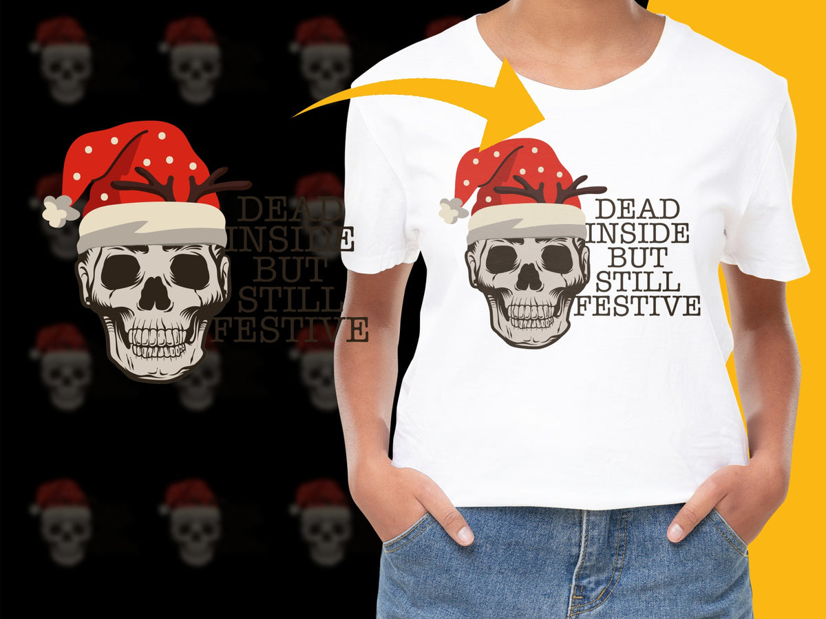 Dead Inside But Still Festive Skull T-Shirt, Funny Christmas Holiday Tee, Unique Santa Hat Graphic Shirt for Adults