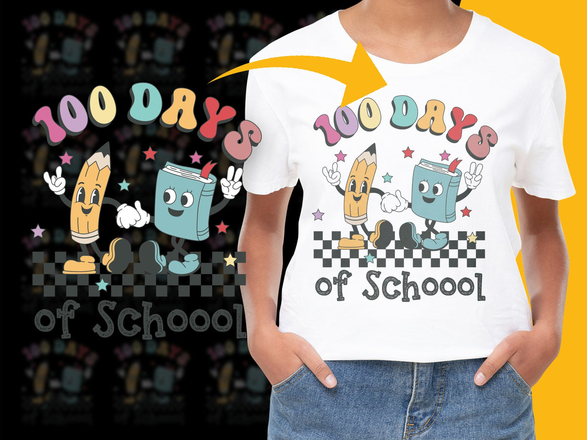 Kids 100 Days of School T-Shirt, Colorful Cartoon Characters, Celebration Tee, Cute School Milestone Shirt, Unisex Children's Clothing