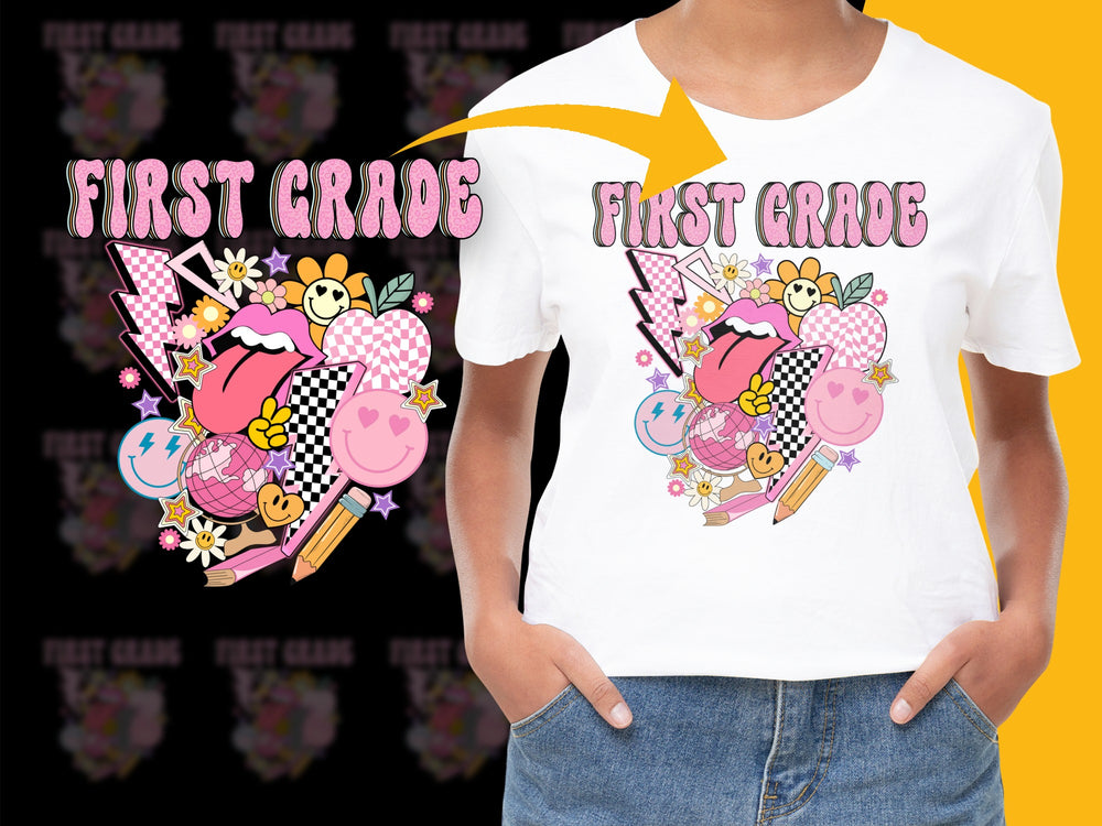 First Grade T-Shirt Colorful Pop Art Design, Kids Back to School Fashion, Vibrant Fun Youth Apparel