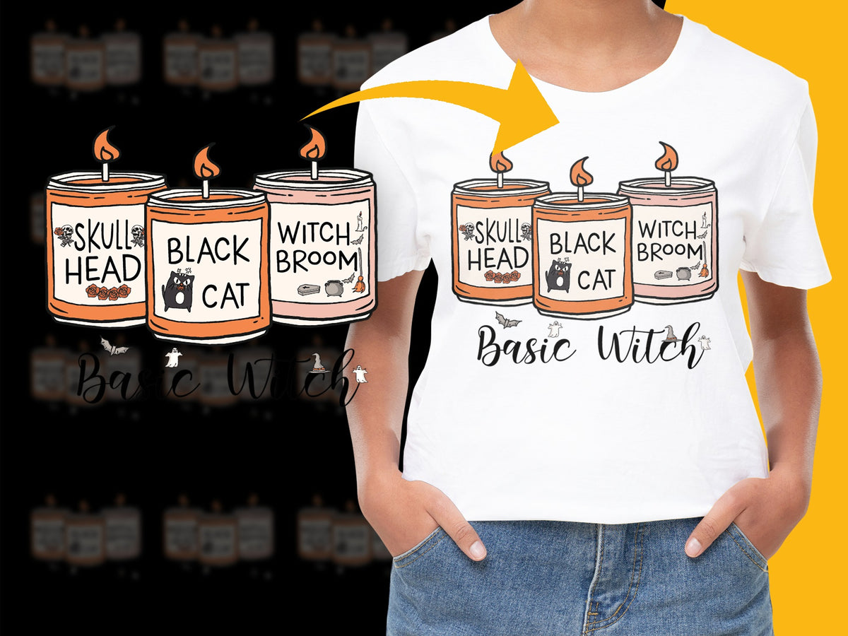 Basic Witch Halloween T-Shirt, Cute Witchy Black Cat Skull Candle Graphic Tee
