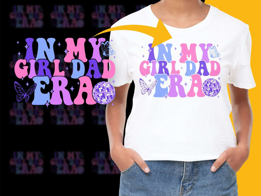 Girl Dad Era Graphic T-Shirt, Trendy Purple Butterfly Cotton Tees for Dads, Unique Family Apparel Gifts