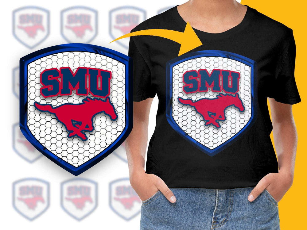 SMU Logo T-Shirt, Red and Blue Mustang Graphic, Collegiate Sports Fan Apparel, University Merchandise
